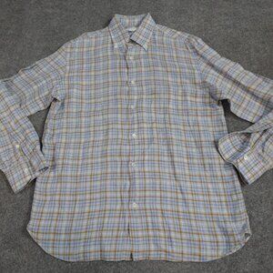 Giampaolo Mens Shirt L Blue Plaid 100% Linen Made in Italy